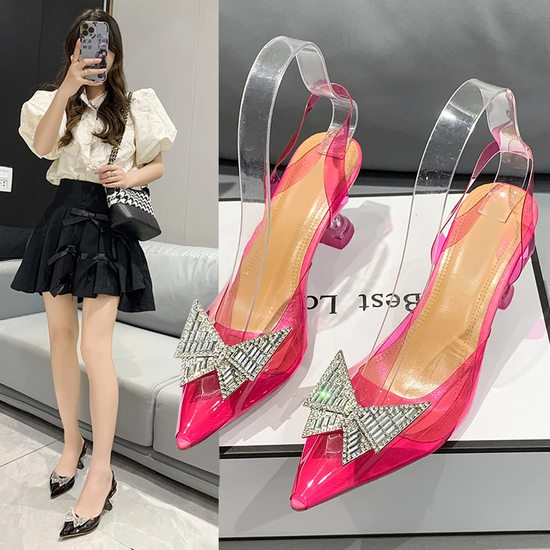 

Clear Fuchsia Pink High Heel Shoes Stiletto Heel Pointed Toe Transparent Wedding Pumps Designer Banquet Footwear Heels for Women