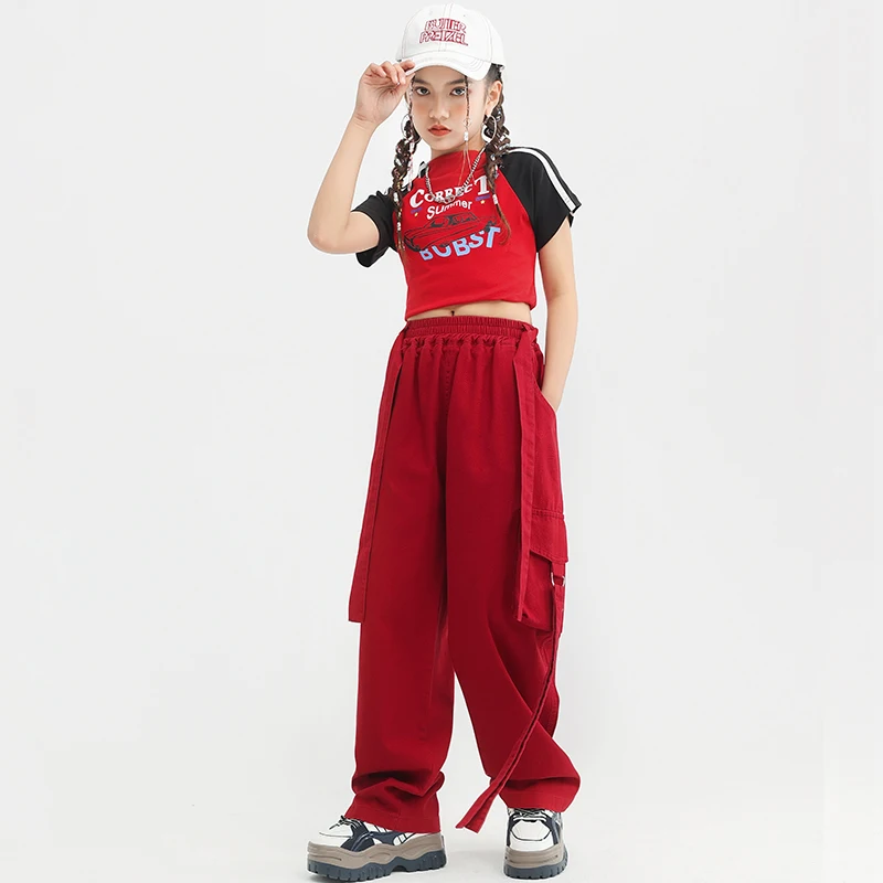 

Детский костюм в стиле K-POP, одежда для подростков в стиле хип-хоп, укороченная футболка, уличная одежда, красные брюки-карго для девочек, костюм для джазовых танцев, одежда