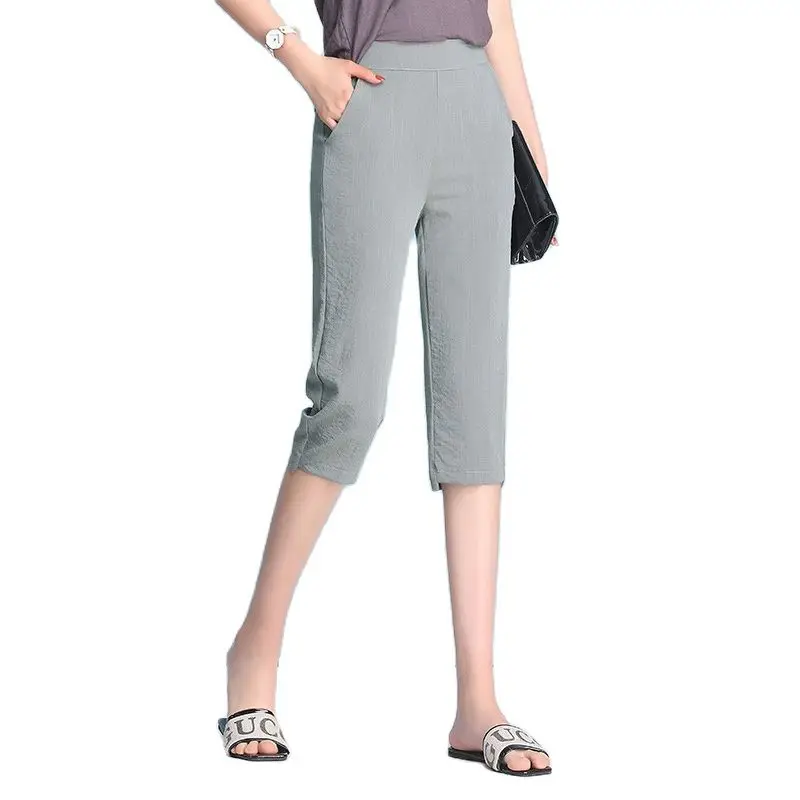 

Hot Sale Women Ice Silk Cotton Casual Cropped Trousers For Summer Thin Capris Pants Knee Length Straight Solid Color S To 4XL