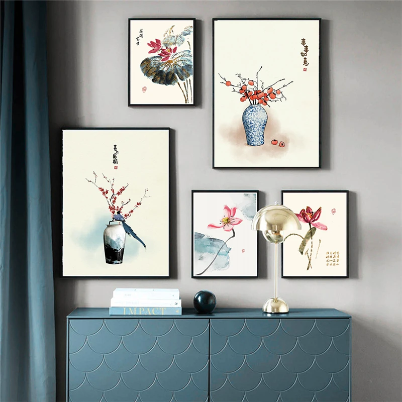 

Vintage Chinoiserie Wall Art Canvas Painting Koi Fish Birds and Flowers Posters and Prints Living Room Home Wall Decor Cuadros