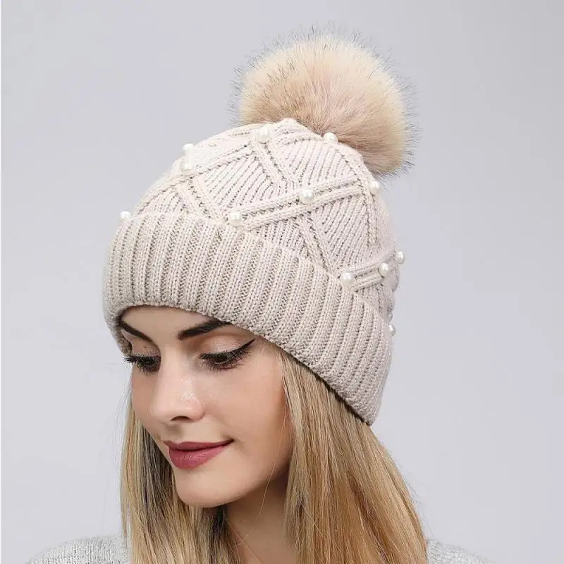 

2022 Women Wool Knitted Hat Autumn Winter Warm Wool Big Ball Cap Thickened Ladies Caps Brimless Breathable Fashion Casual Hat