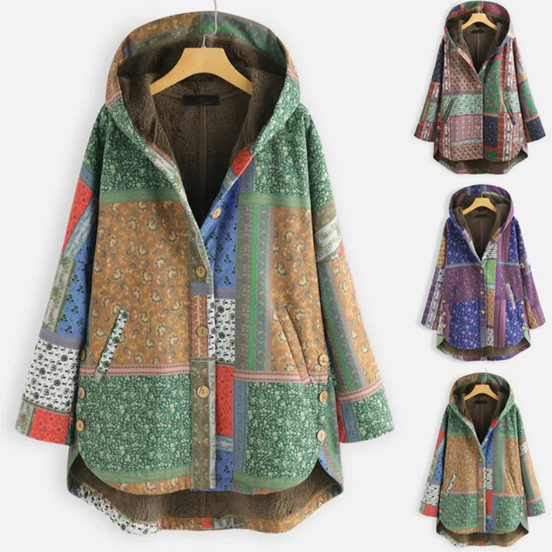 Casual Ethnic Print Fleece Hooded Retro Boho Cotton Jacket Parkas Warm Coat Women Outwear Loose Oversize M-5XL Winter Clothes