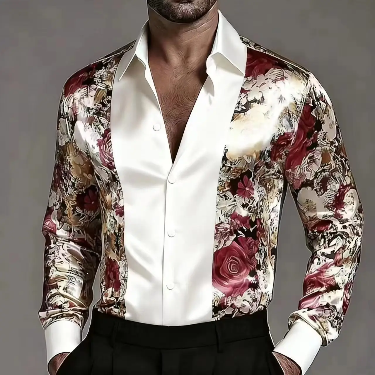 Фото Мужская модная рубашка Slim Fit с контрастным атласным полосатым цветочным узором, элегантная и удобная, высококачественный повседневный топ №3