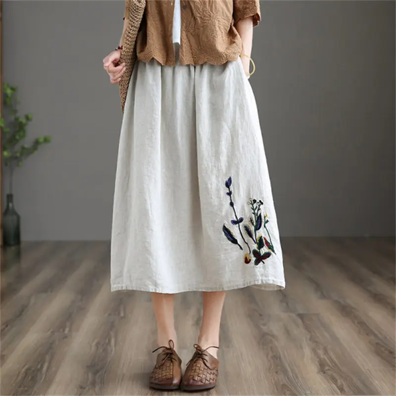 

Literary Embroidery High Waist Skirt Ladies Retro Casual Cotton And Linen Summer A-Line Women Skirt Midi Saias h2150