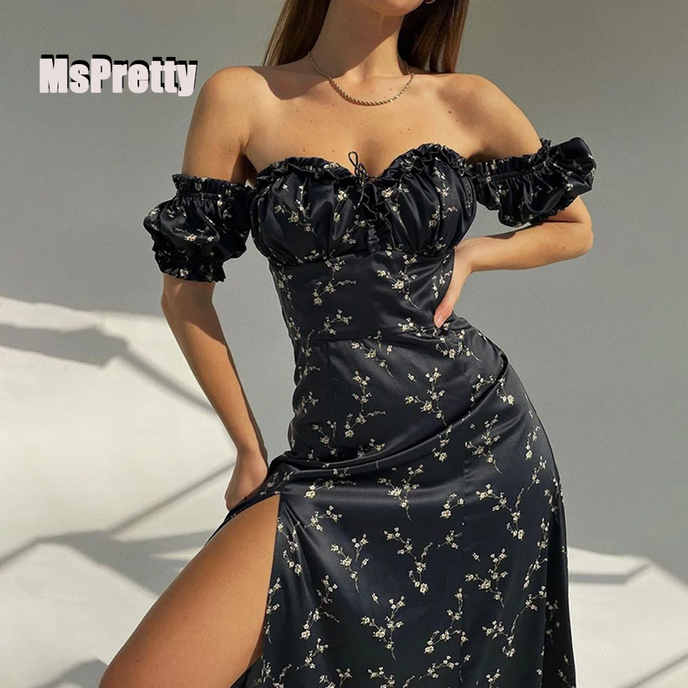 

MsPretty Цветочное платье макси с открытыми плечами с пышными рукавами сексуальное платье на шнуровке с Боковым Разрезом шикарное эстетическо...