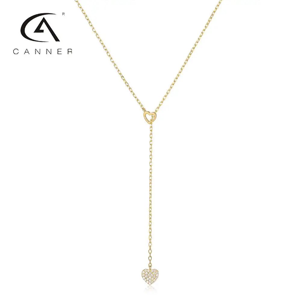 

CANNER Double Heart Diamond Ladies Necklace For Women 925 Sterling Silver Y-shaped Retractable Collarbone Necklace Pendants