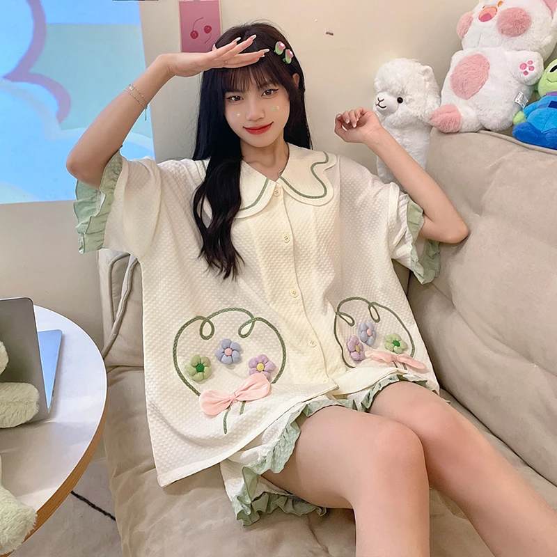 Summer Pajama Sets For Women Adult Cartoon Sweet Flower Sleepwear Cotton Pyjama Girl Homewear Short Pijama Suit Clothes