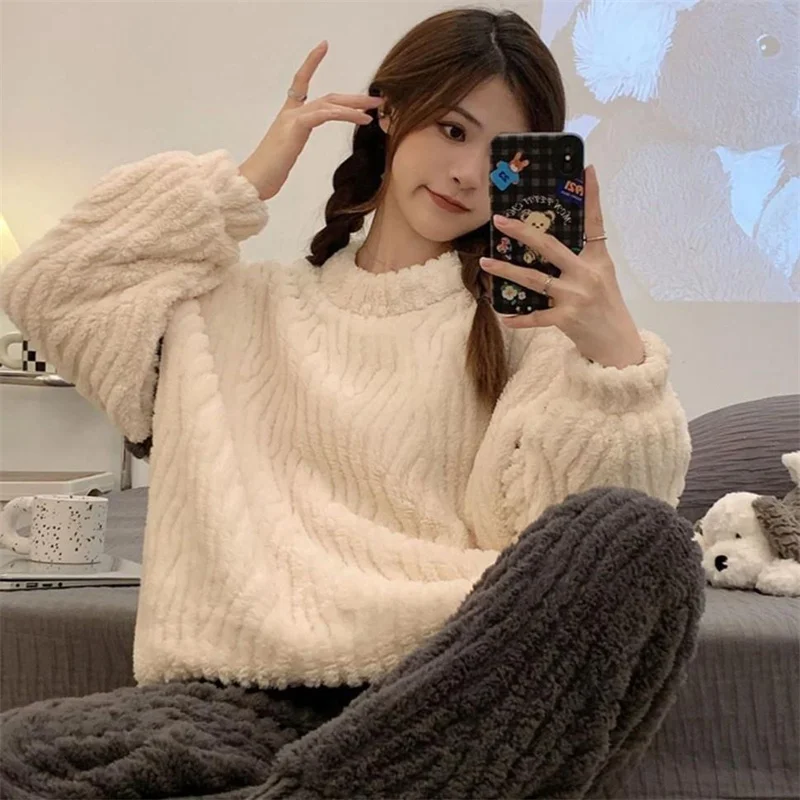 Флисовый фланелевой зимний пижамный комплект коралловый бархат женская теплая