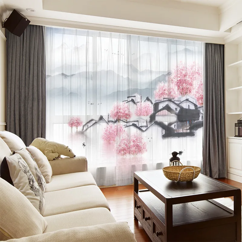 

Custom Chiffon Sheer Curtain Window Drape for Living Room Pink Blossom Hills Ink Painting Khaki Gray Brown Pink Blue