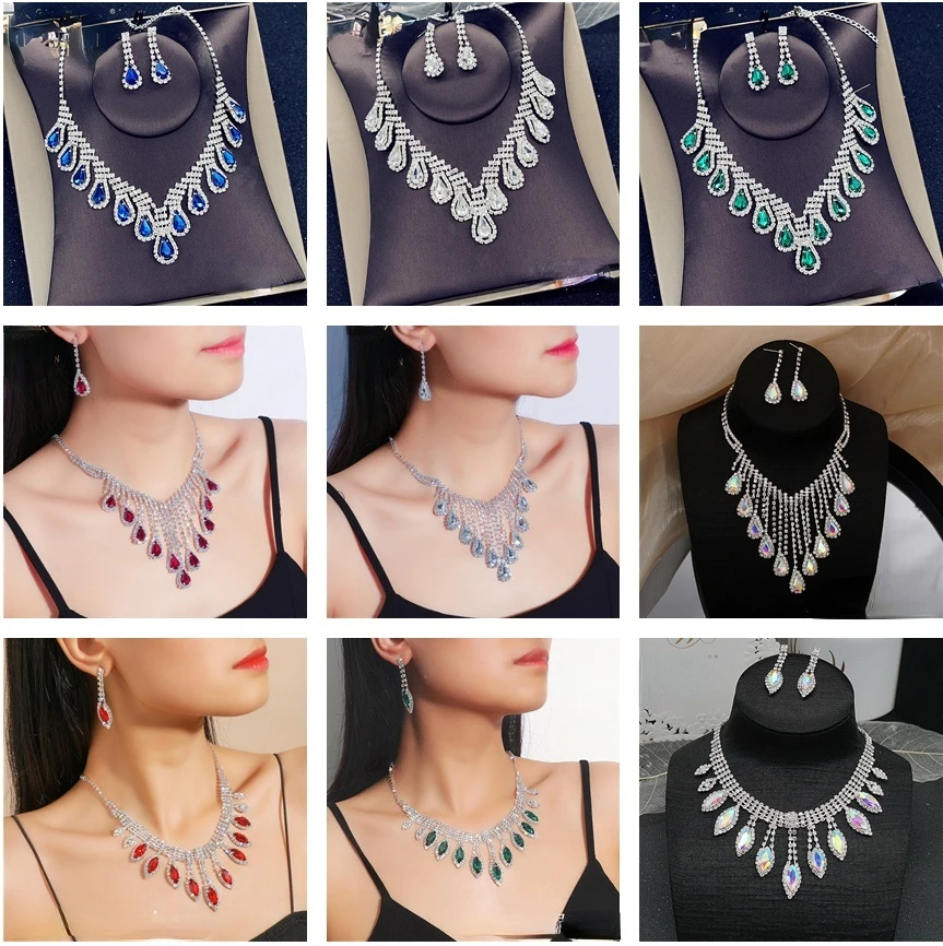 

Bridal Rhinestone Crystal Necklace Earrings Two Piece Set High-end Hand Knot Wedding Dress Necklace Accessories Wholesale