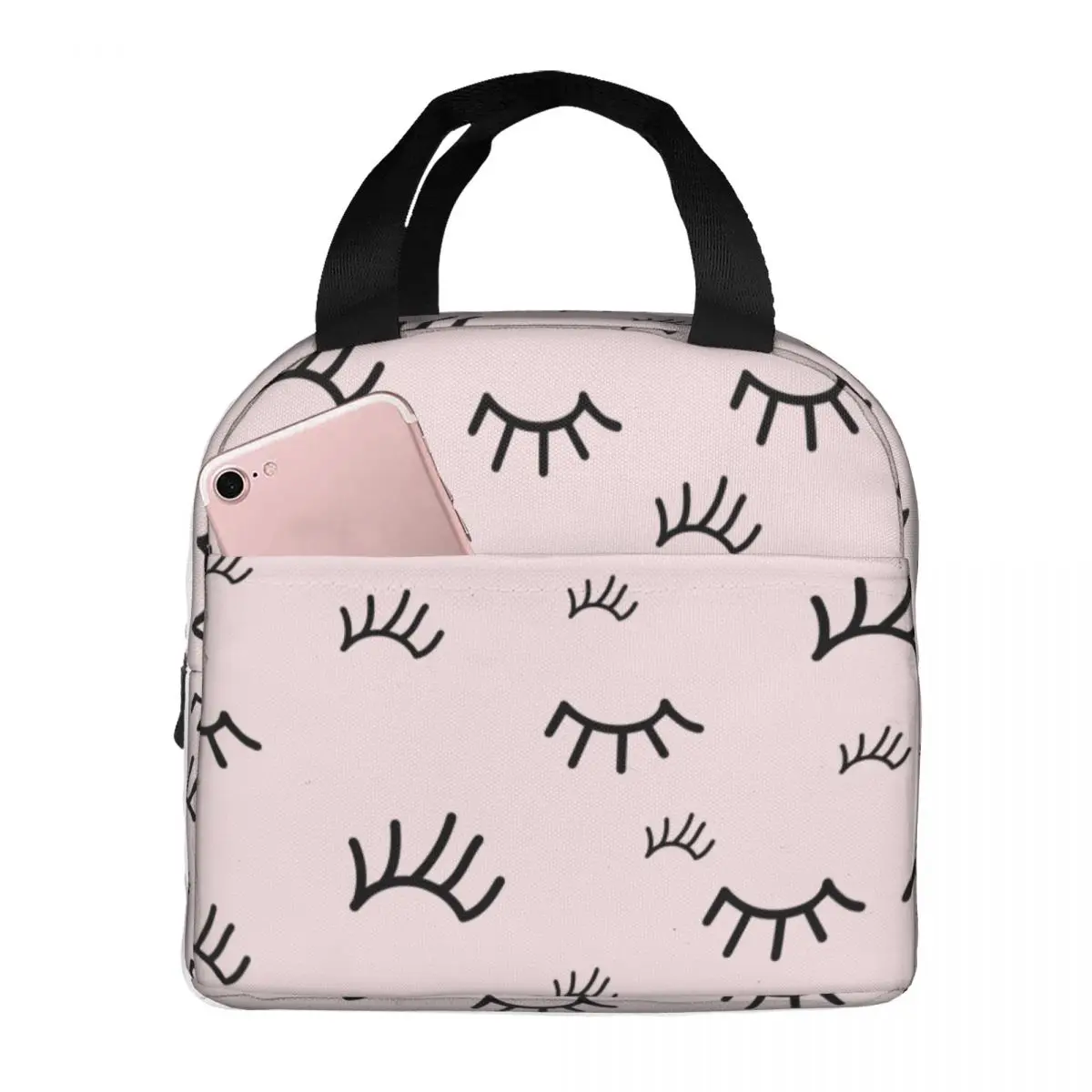 Lunch Bag for Women Kids Eyelash Pink Thermal Cooler Picnic Cartoon Beauty Glam Closed Eyes Canvas Lunch Box Food Storage Bags
