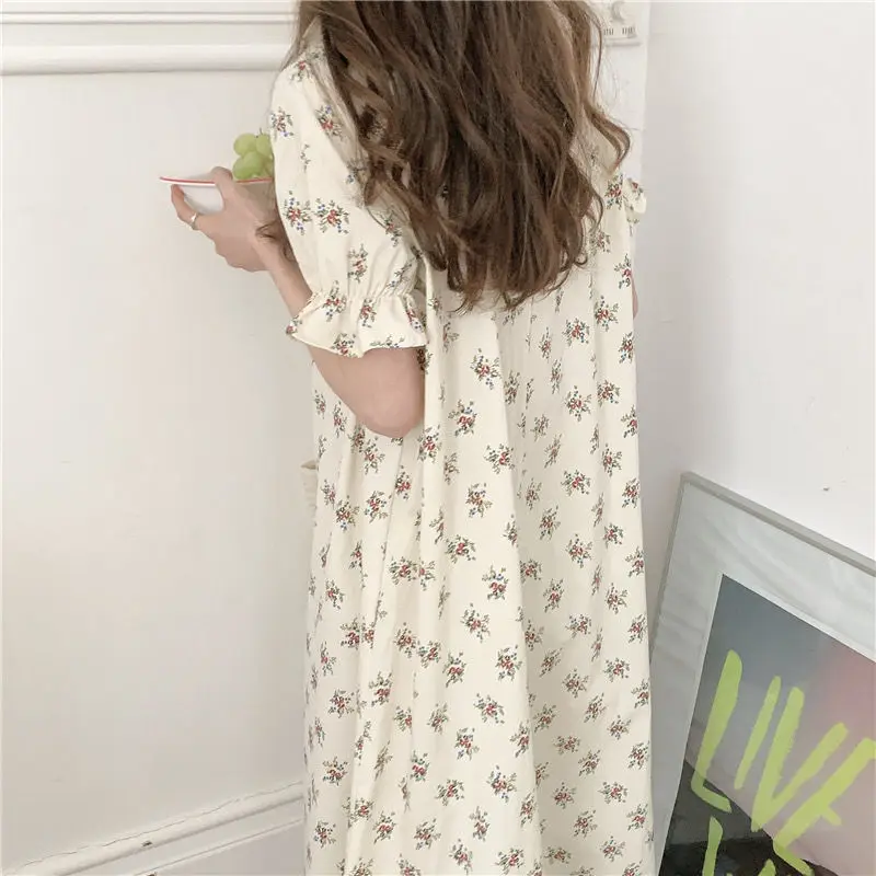 QWEEK Night Dress Women Doll Collar Ruffle Nightgown Blue Apricot Sleepdress Sleepshirts Summer 2021 Fashion Nightie Roomware