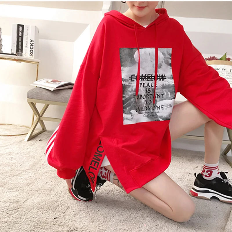

Autumn Spring Women Drop-Shoulder Hooded Sweatshirts Loose Casual Fashion Striped Cartoon Side Slit Female Harajuku HoodiesZX622
