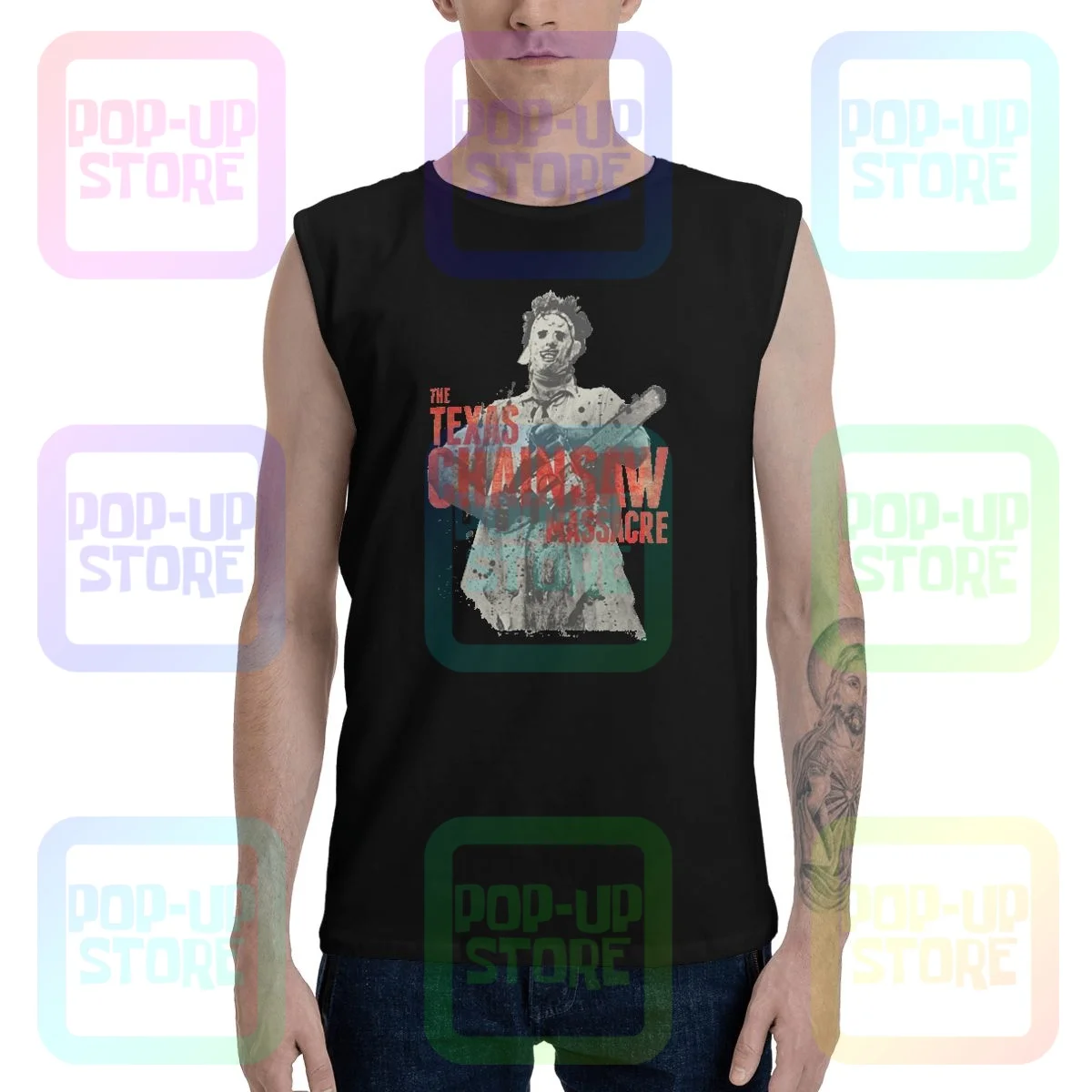 Майка с изображением техасской бензопилы и кожевенного лица |