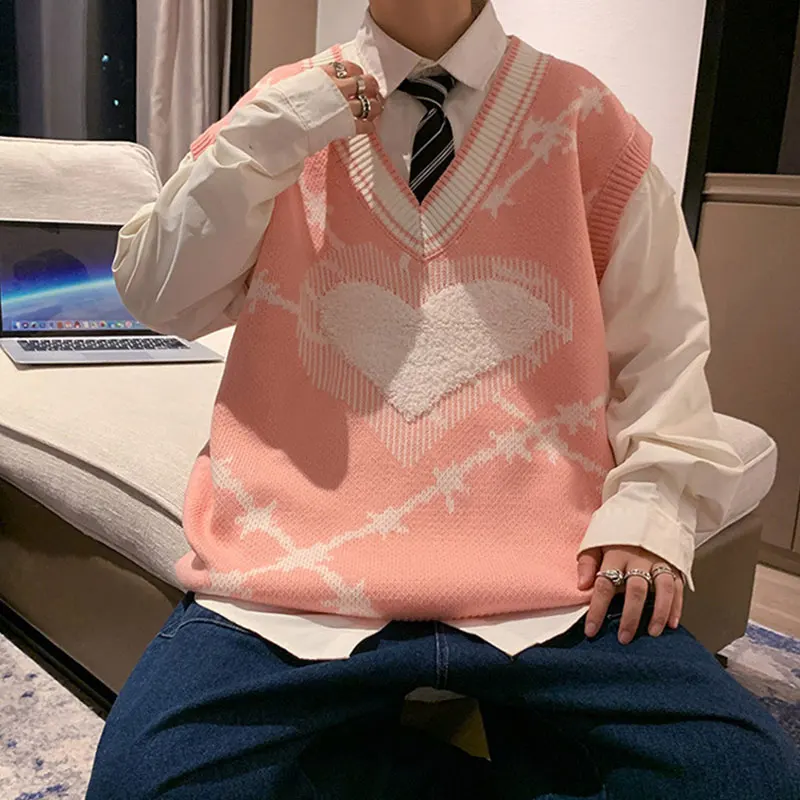 

2022 Autumn Korean Fashion Style Pullover Sweater Y2k Clothes Kawaii Pink V Neck Plus Size Heart-shaped Vest Unisex Sweaters