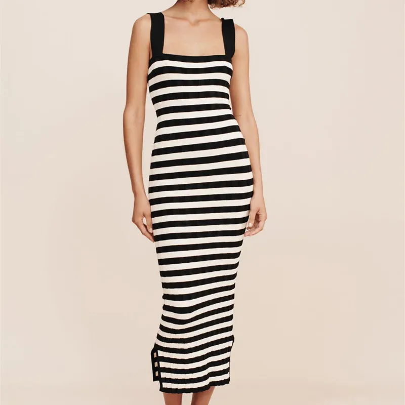 

Женское трикотажное облегающее платье Hirigin, длинное платье-свитер в полоску с квадратным вырезом без рукавов, повседневное облегающее мини-платье в рубчик
