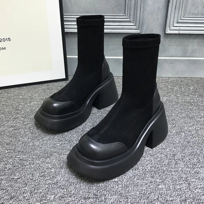 European Station Boots Women's 2022 Autumn Winter New Velvet Warm Martinboots Thick-soled High-heeled Stitching Short Socksboots