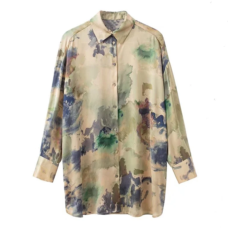 

KBAT 2022 Woman Tie Dye Shirt Loose Women Long Sleeve Spring Button Up Shirt Office Lady Blouse Elegant Blouse Woman Clothing