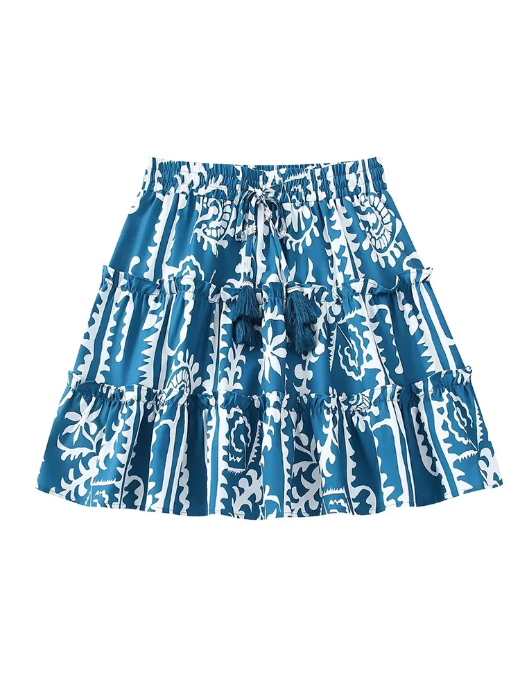 

xikom Women Fashion With Ruffled Printed Mini Skirt Vintage High Elastic Waist Drawstrings Tassel Female Skirts Mujer