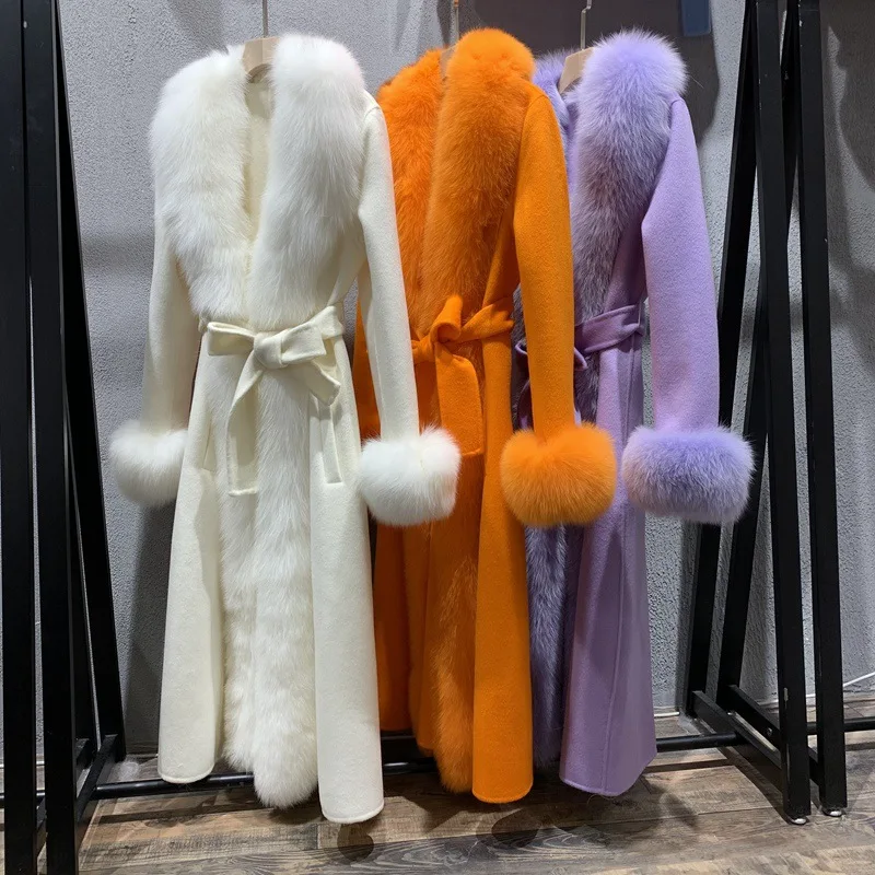 

European Real Long real Cashmere Woolen Blends coats outerwear Fashion Streetwear Brand natural fox fur jackets outerwear YL01