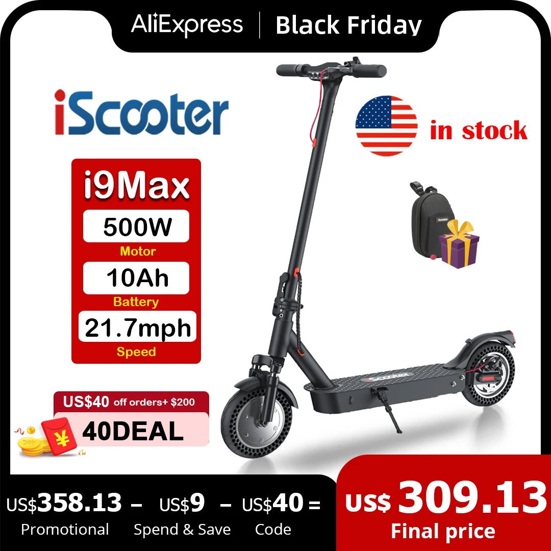US Stock iScooter i9Max Electric Scooter for Adults 500w 10Ah Battery 10 Inch Foldable E-Scooter with App UL Certified