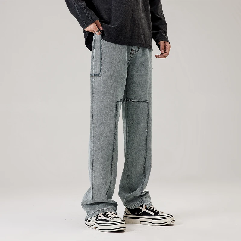 Loose Street Style Straight Cargo Pants Jeans Men's Fashion Brand Splicing Cargo Pants Retro Trend Casual Youth Denim Loose MEN