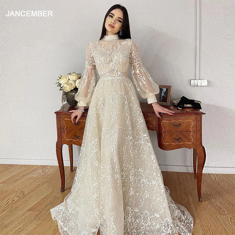 

SCZ038 Elegant Beige Lace Muslim Evening Dress Luxury Dubai Beaded Long Sleeve Arabic Women Wedding Party Formal Gown فستان سهرة