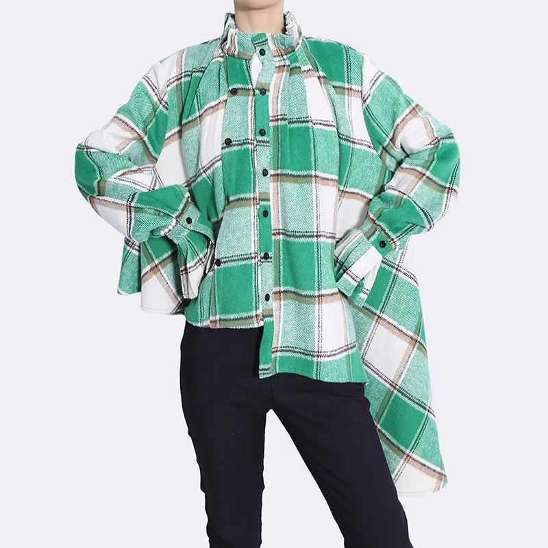 

SuperAen Autumn Winter Woolen Shirt Women's 2022 New Design Turtleneck Warm Irregular Green Plaid Shirt for Women