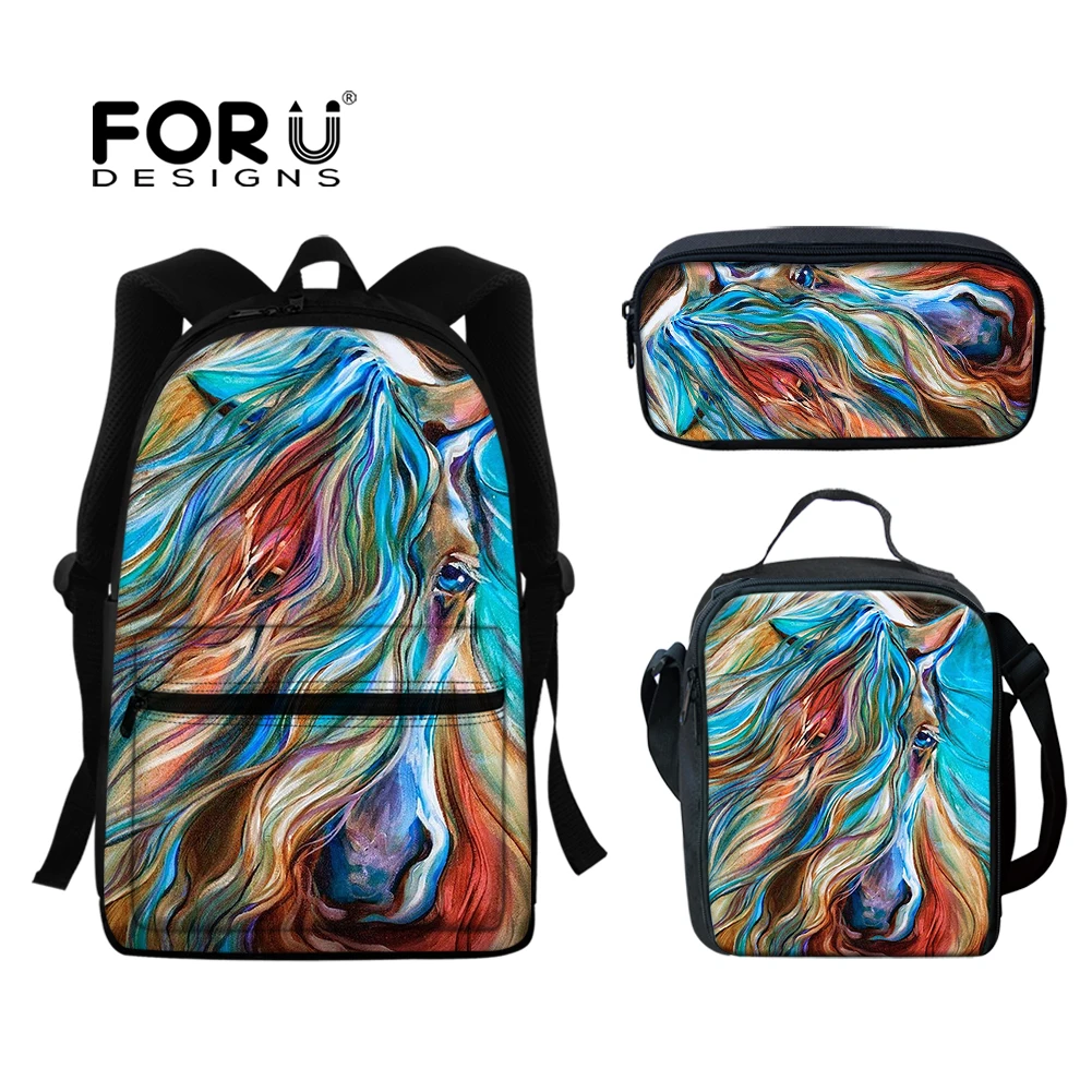FORUDESIGNS, школьный прочный рюкзак, новый стильный с принтом летающей гривы, 3 шт., школьная сумка для студентов, вместительная сумка для книг