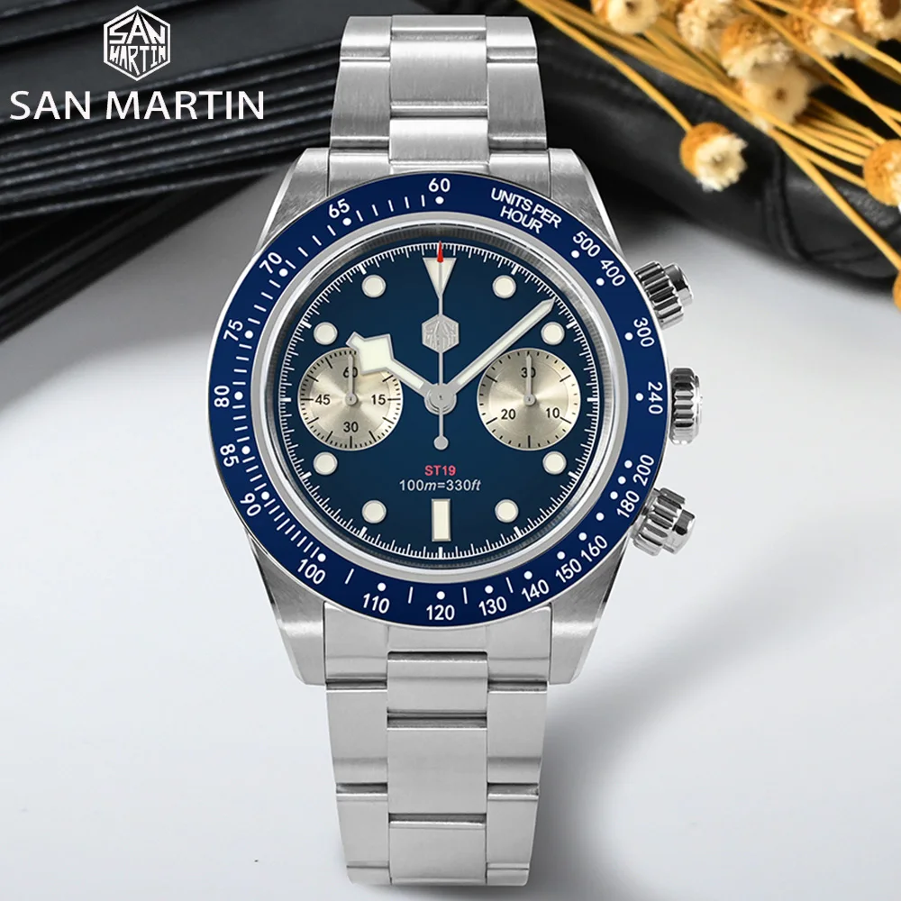 

Часы San Martin мужские с автоподзаводом, модные спортивные автоматические механические наручные часы-хронограф с сапфировым стеклом, 40 мм, в стиле панды, BB, BGW9, 10 АТМ, ST1901