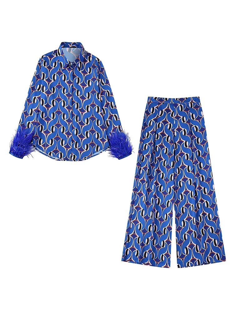 

TRAF Fashion Geometric Print Pants Sets 2022 Spring Autumn Feathers Long Sleeved Blouses+Wide Leg Pants Street Casual Outwear