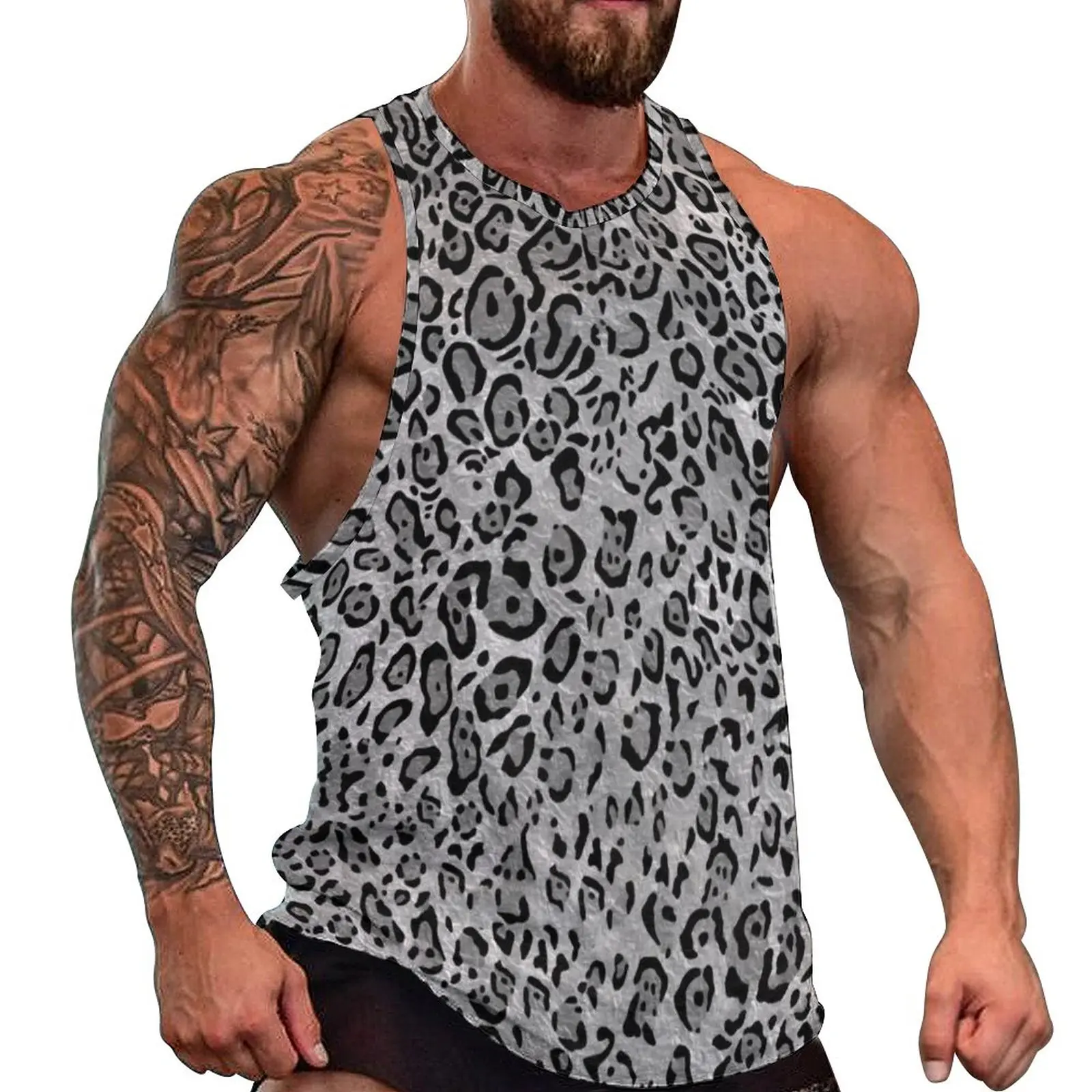 

Grey Cheetah Animal Skin Tank Top Males Stylish Monochrome Leopard Print Fashion Tops Summer Training Design Sleeveless Shirts