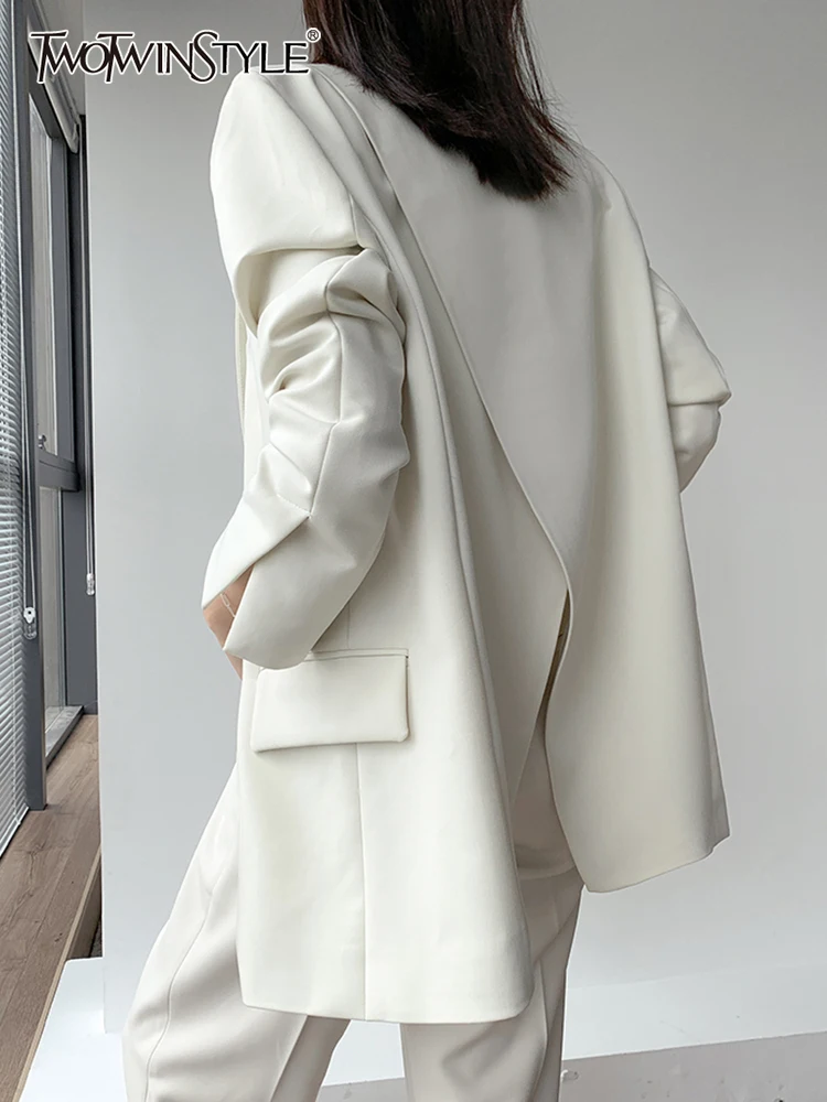 

TWOTWINSTYLE Solid Sets For Women Notched Collar Long Sleeve Patchwork Belted Top Wide Leg Trousers Fashion Two Piece Set Female