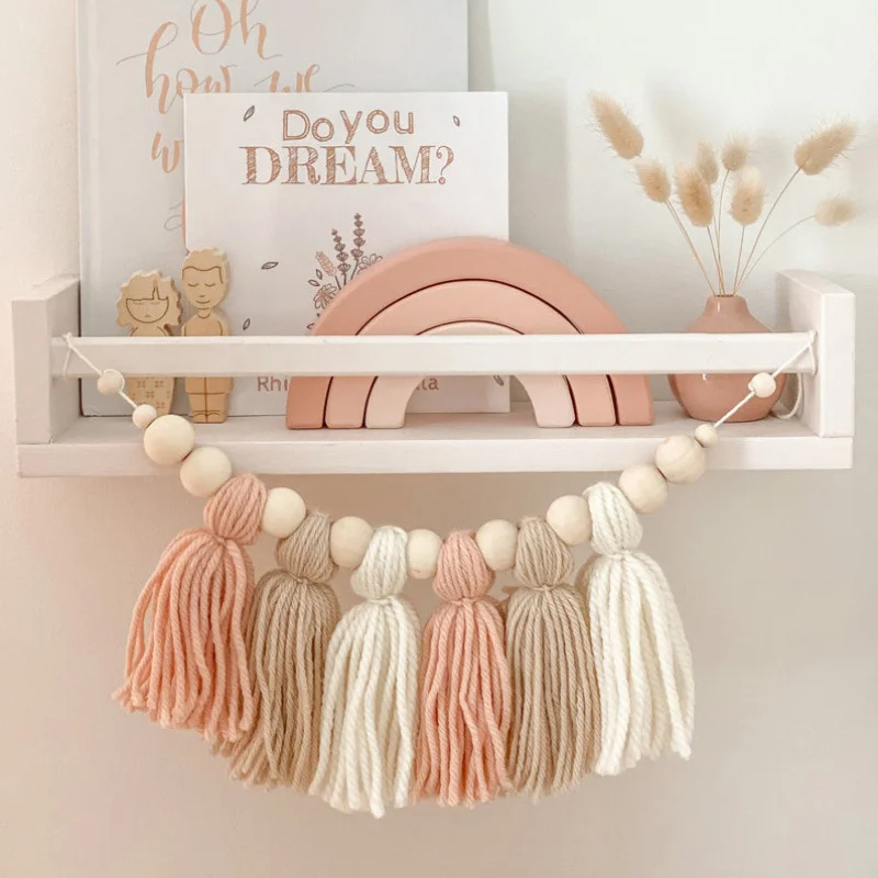

Wooden Cotton Boho Tassel Room Kids BeadsTent Baby Pendant Hanging Nursery DecorationNordic Supplies Decor Wall Props Photo