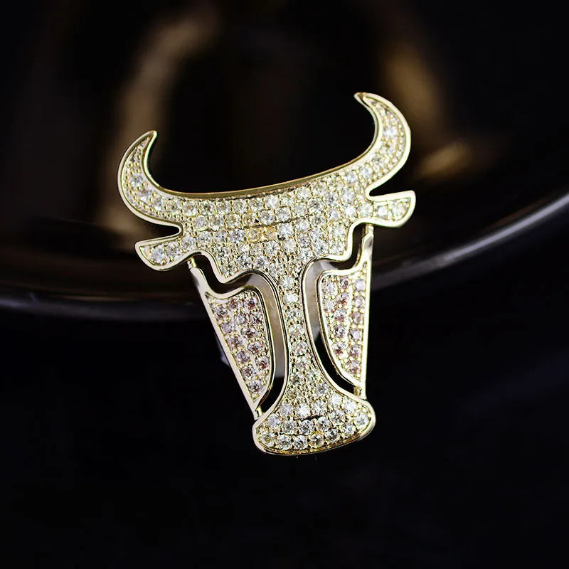 

New Cow Head Full of Diamonds Personality Men's Brooch Fashion Simple Suit Coat Pin Accessories Zodiac Ox