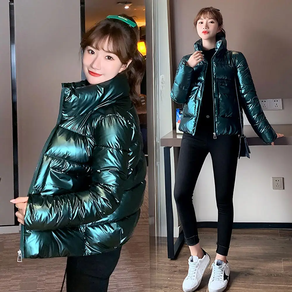 Women Winter Glossy Jacket Parkas 2023 New Fashion Youth Slim Stand Collar Casual Street Warm Autumn Coat Female  Puffer Coat