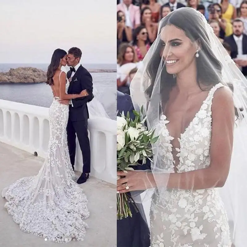 

Steven Khalil Boho Beach Wedding Dress 2022 Sexy Backless V-neck 3D Lace Appliques Strap Trumpet Garden Mermaid Bride Dresses