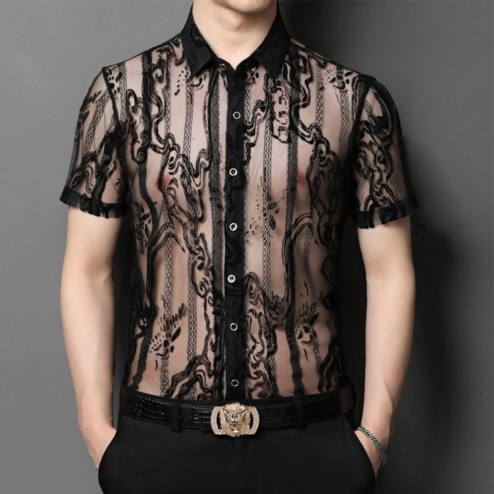 

Mens New Transparent Clubwear Shirts Slim Short Sleeve Sexy Lace Shirt Male LGBT See Thorugh Embroidered Top Perspective Chemise