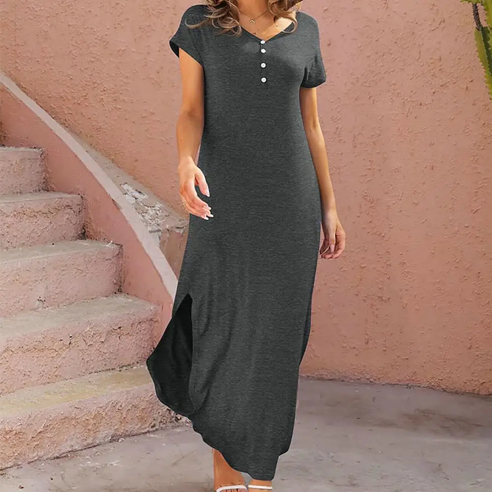 

Stylish Long Length Short Sleeves Side Split Women Summer Loose Long Dress Vacation Wearing Summer Dress Summer Dress