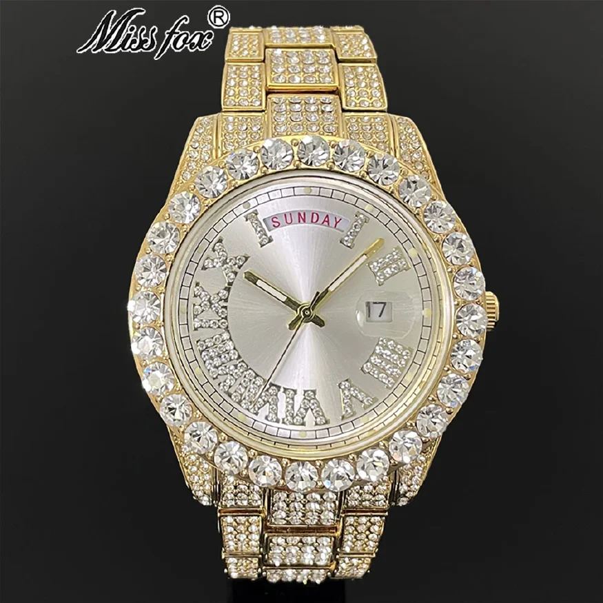 

Часы наручные мужские кварцевые, роскошные модные золотистые водонепроницаемые с муассанитом, в стиле хип-хоп, подарок для мужчин, 2023