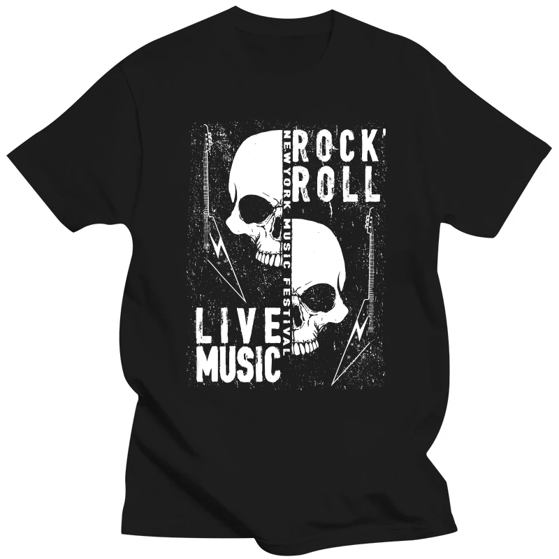 

Футболка Rock n Roll, мужские черепа для прямой музыки, фестиваля, тяжелый металл, электрогитара