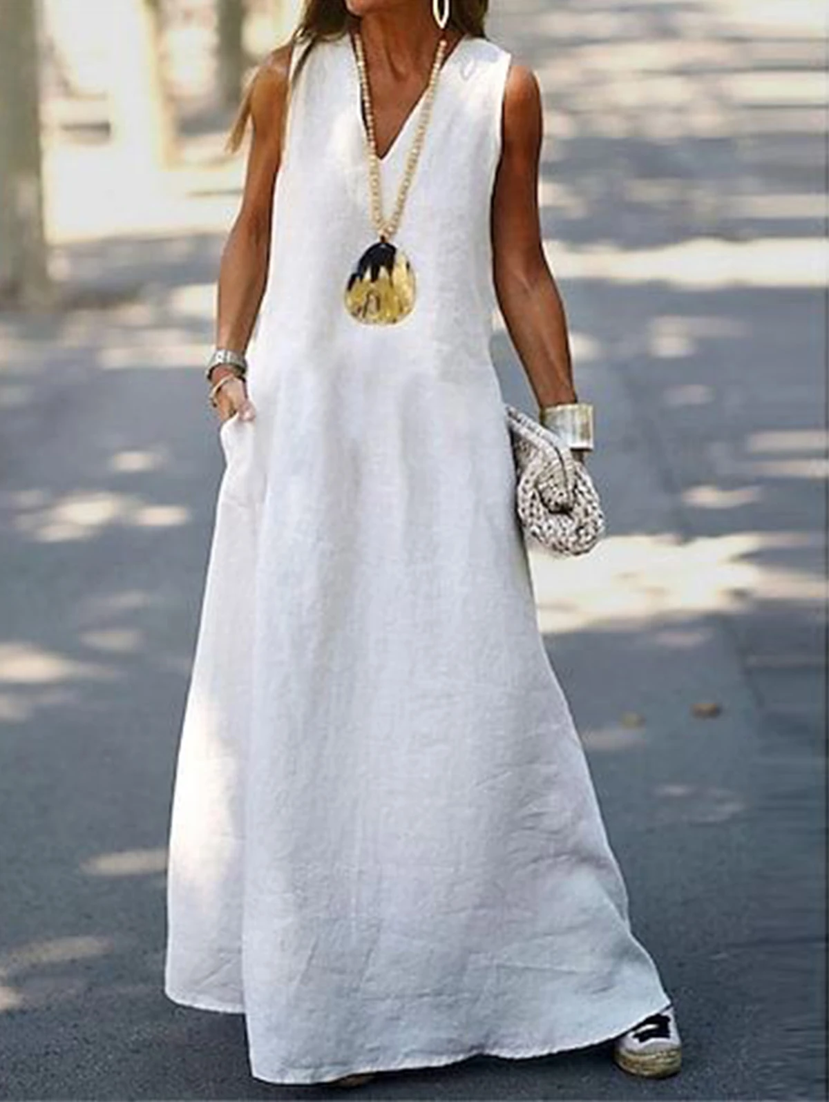 

Женское Повседневное платье на бретелях, однотонное свободное Макси платье-трапеция с V-образным вырезом, винтажный свободный пляжный сарафан в стиле бохо на бретелях на лето