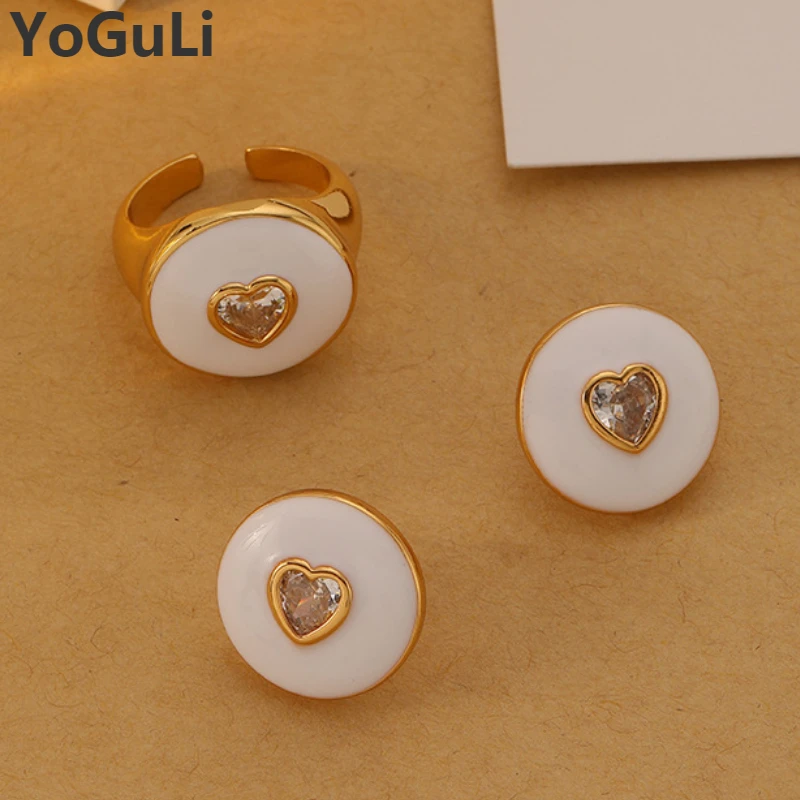 

Trendy Jewelry Set Round Heart Earrings Rings For Women Sweet Design Pink White Blue Earrings Open Adjustable Rings For Girl