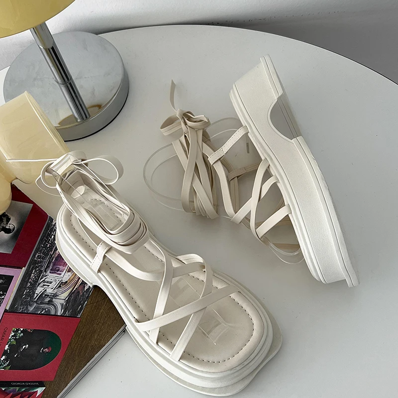 2023 Summer Cross Strap Women Sandal Fashion Open Toe Shoes Thick Sole Flats Ladies Elegant Drees Gladitor Sandalias