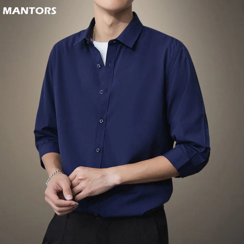 

Однотонные мужские рубашки, летние классические рубашки, мужская деловая Повседневная футболка, модная рубашка с рукавом 3/4, Высококачеств...