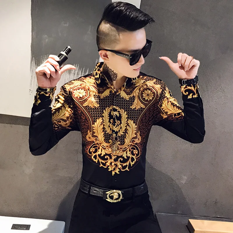 

Men Gold Paisley Black Shirt Luxury Korean Mens Long Sleeve Print Shirts Men Slim Fit Casual Blouse Homme Baroque Banquet Shirt