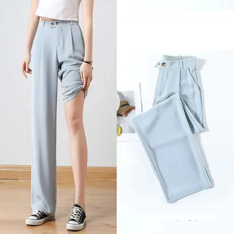 

Women 2022 Spring Summer Chic Office Wear Wide Leg Pants Female Vintage High Waist Trousers Lady Thin Ice Silk Suit Pants T37