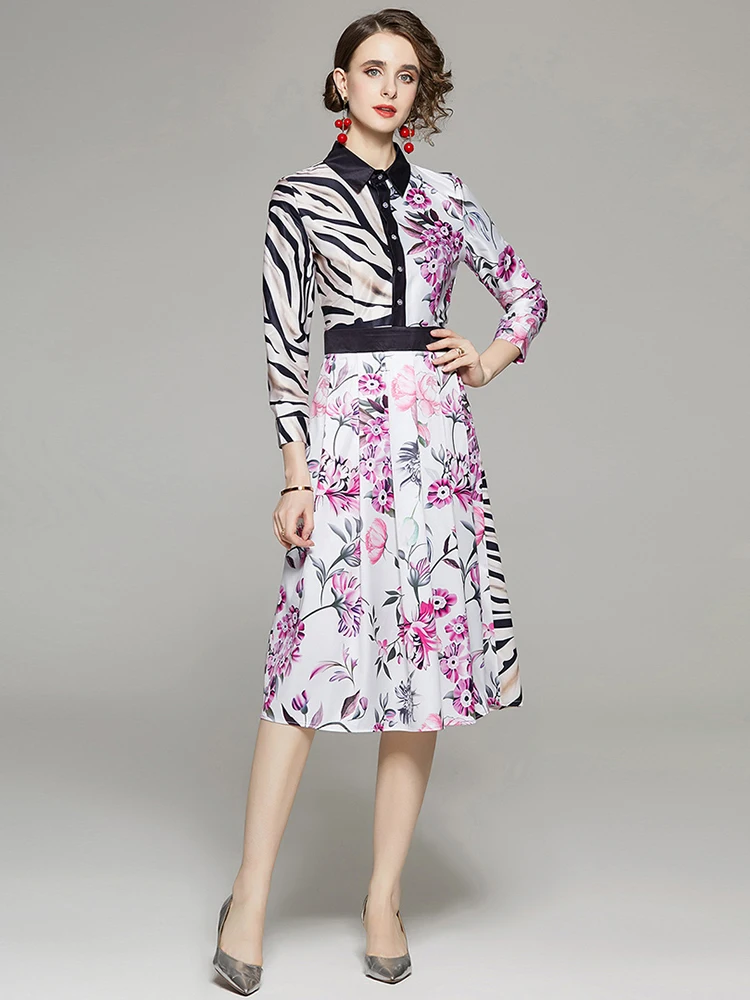 

Women Lapel Single Breasted Floral Long Sleeve Female Slim Midi Dress Vestidos Fashion Autumn runway women dress midi frock