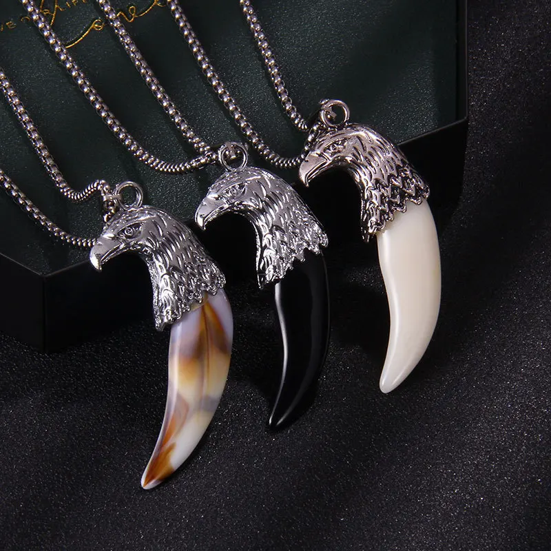 

Punk Eagle Head Pendant Necklace Hip Hop Men's Cool Stainless Steel Chain Black Wolf Tooth Spike Pendant Jewelry Wholesale