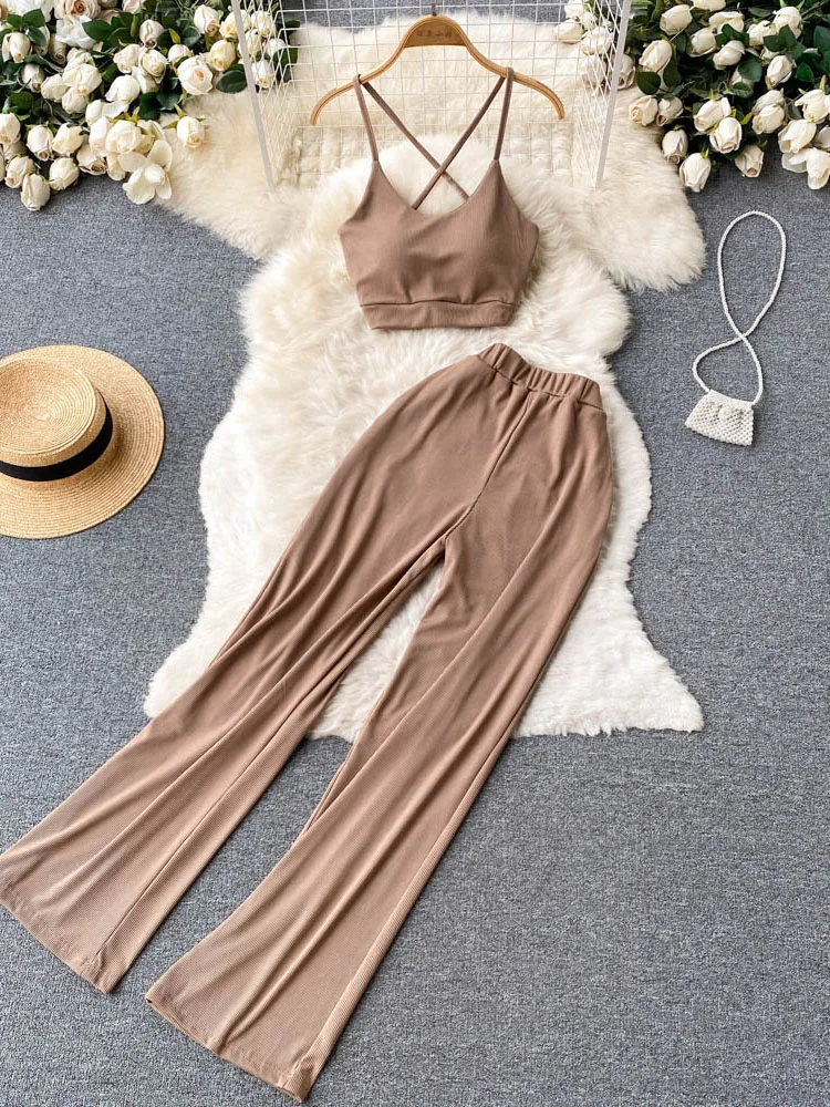 

Летний модный женский костюм с перекрестными бретельками, укороченный топ до пупка, прямые повседневные брюки с высокой талией, комплект из двух предметов для женщин D1195